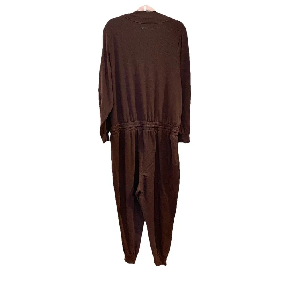 CALIA Brown Drawstring Soft Long Sleeve Jogger Sweatpants Jumpsuit V-Neck Lounge